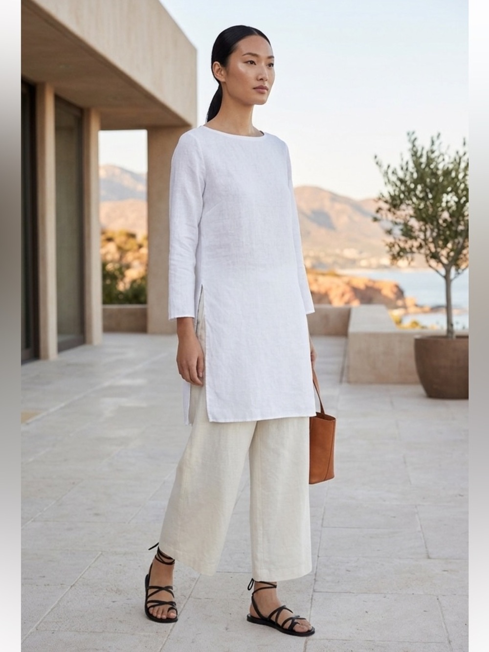 Eileen Fisher Organic Linen Long Sleeves Tunic  White Size 1X Lagenlook